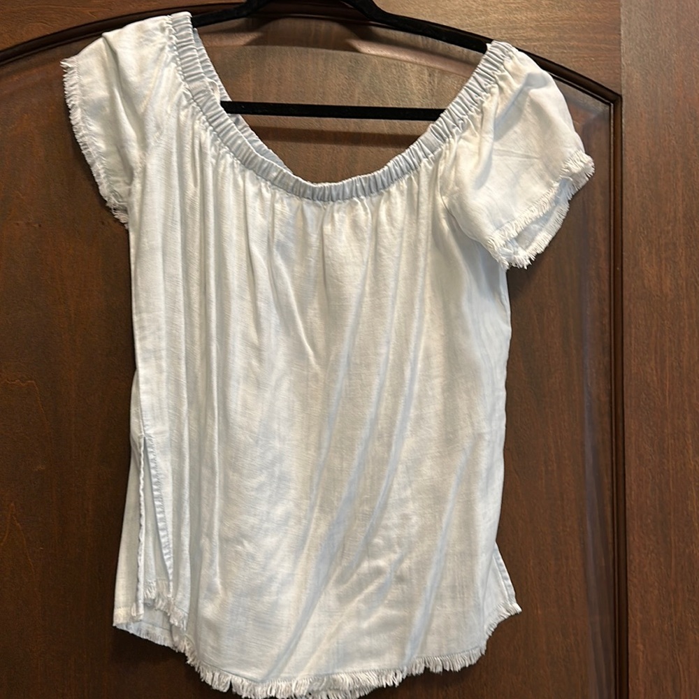 Womens Blue Fringe Off the Shoulder Top